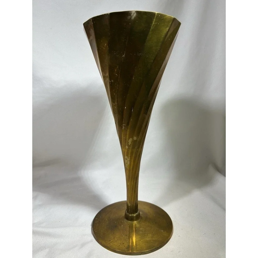 Vintage Large Twisted Vase Spiral Brass Ribbed Wine Goblet Cup 11.5